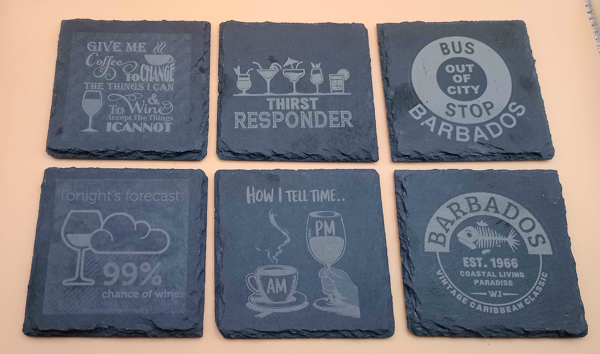 Engraved slate coasters with Barbados-themed designs