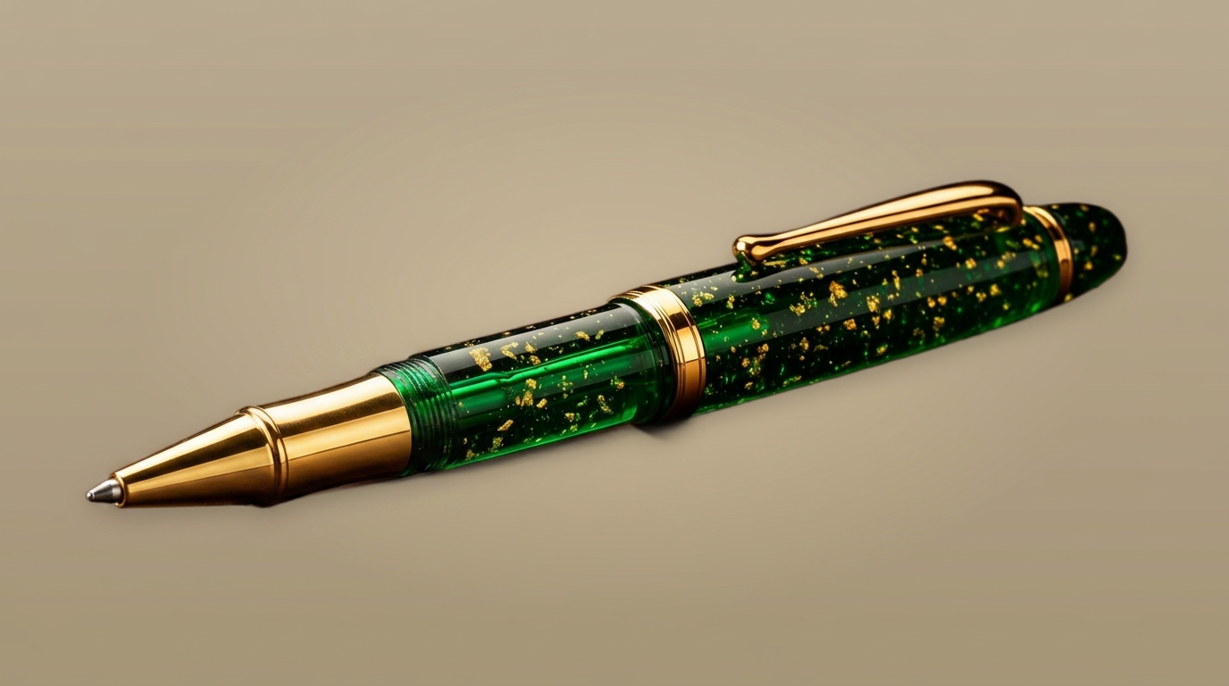 Handcrafted emerald with gold pen